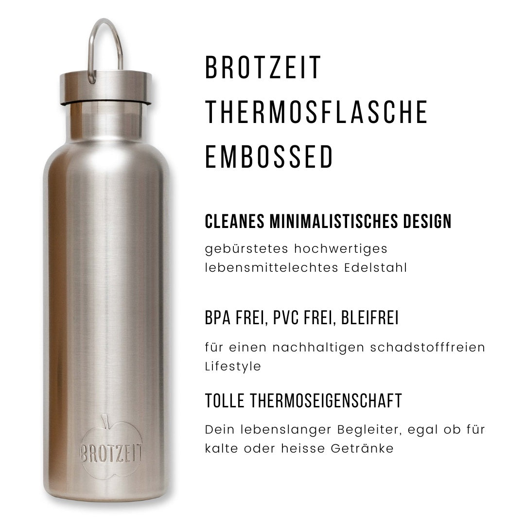 Brotzeit Thermosflasche embossed aus Edelstahl plastikfrei Trinkflasche 750ml