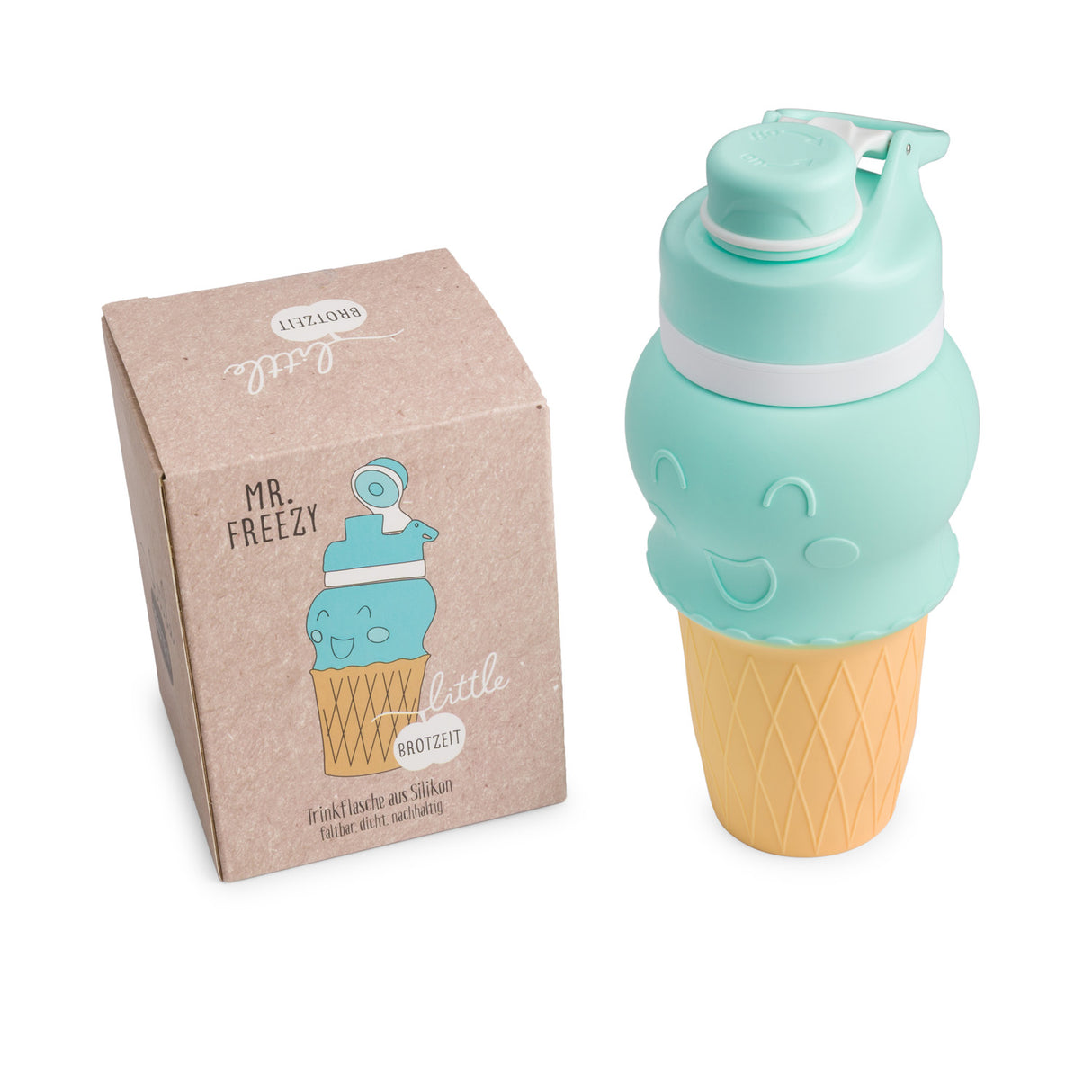 FREEZY Silikon Trinkflasche mit Verpackung Schachtel Geschenk fuer Kinder