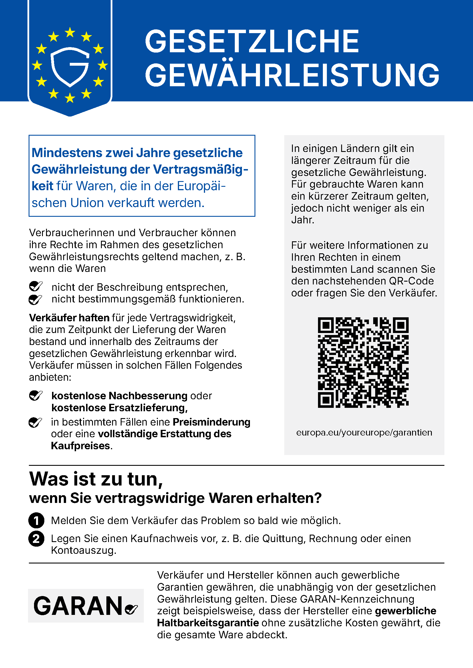 Offizieller EU-Hinweis zur gesetzlichen Gewährleistung: Rechte bei mangelhaften Waren und mögliche Abhilfen.